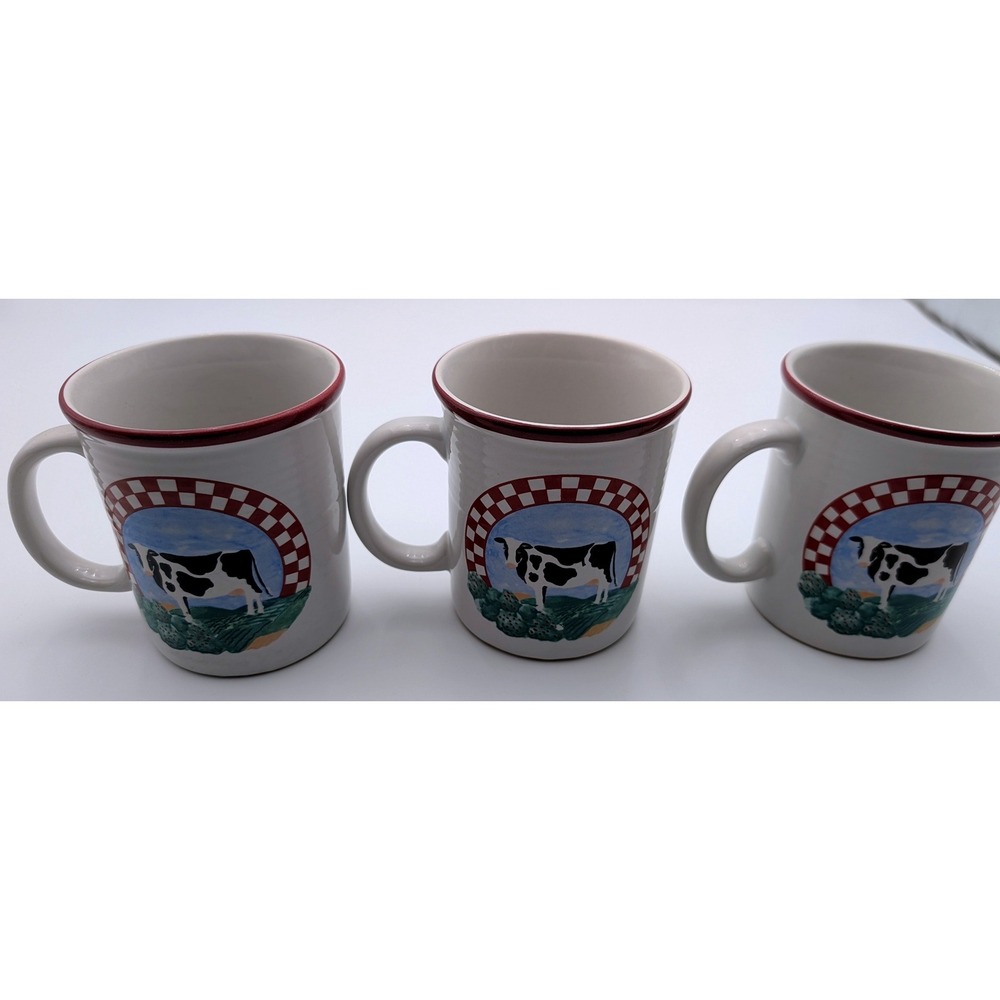 Century Stoneware Cow Coffee Mugs Set of 3 Farmhouse Country Checkered Border